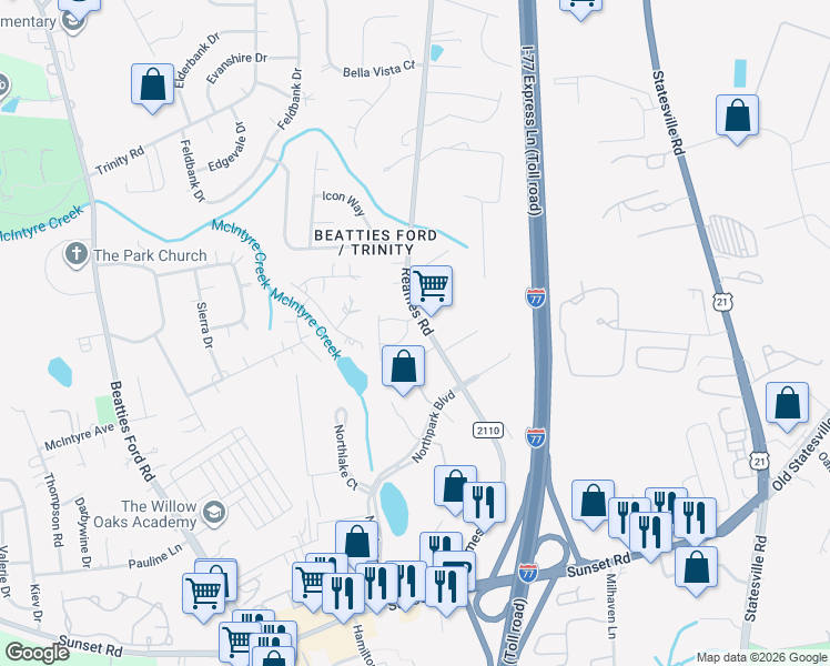 map of restaurants, bars, coffee shops, grocery stores, and more near in Charlotte