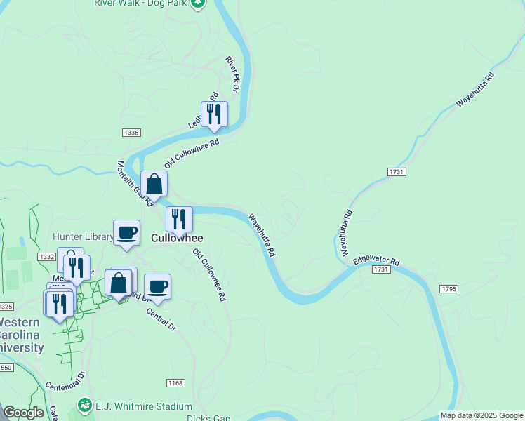 map of restaurants, bars, coffee shops, grocery stores, and more near 389 Wayehutta Road in Cullowhee