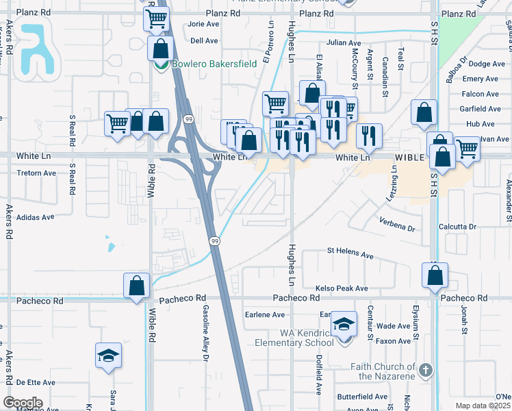map of restaurants, bars, coffee shops, grocery stores, and more near 4401 Hughes Lane in Bakersfield
