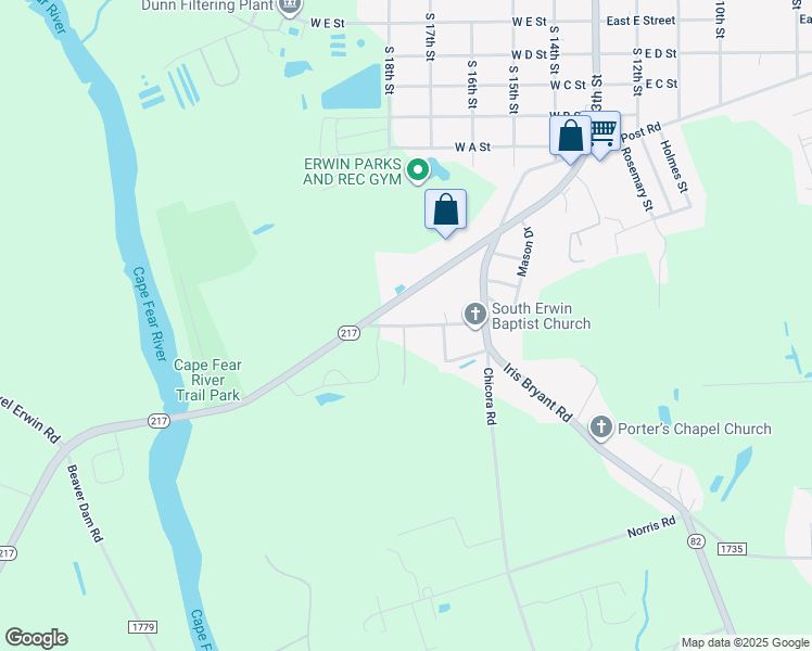 map of restaurants, bars, coffee shops, grocery stores, and more near Old Cut Off Road in Dunn