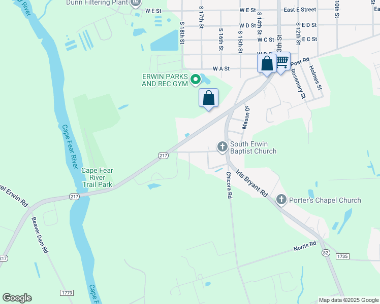 map of restaurants, bars, coffee shops, grocery stores, and more near Old Cut Off Road in Erwin