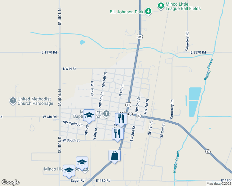 map of restaurants, bars, coffee shops, grocery stores, and more near 407 Northwest Pontotoc Street in Minco