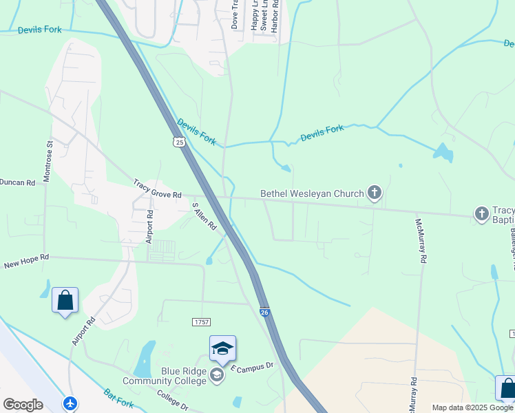 map of restaurants, bars, coffee shops, grocery stores, and more near 19 Justus Acres Lane in Flat Rock