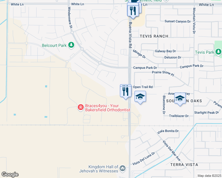 map of restaurants, bars, coffee shops, grocery stores, and more near 4401 Buena Vista Road in Bakersfield