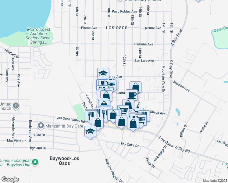 map of restaurants, bars, coffee shops, grocery stores, and more near 2026 11th Street in Baywood-Los Osos