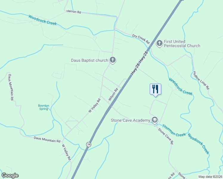 map of restaurants, bars, coffee shops, grocery stores, and more near 20 Britt Road in Dunlap