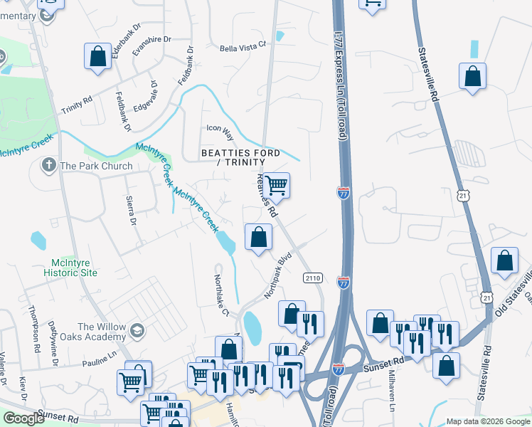 map of restaurants, bars, coffee shops, grocery stores, and more near in Charlotte
