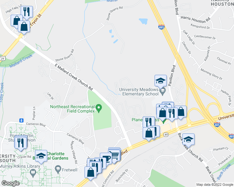 map of restaurants, bars, coffee shops, grocery stores, and more near University Village Boulevard in Charlotte
