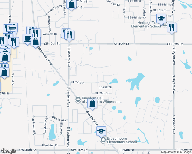 map of restaurants, bars, coffee shops, grocery stores, and more near 2500 Augusta Drive in Moore