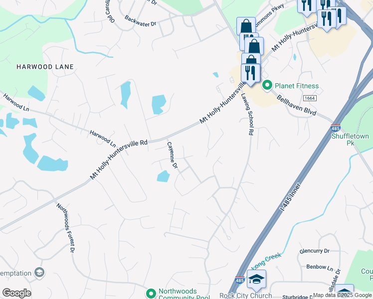 map of restaurants, bars, coffee shops, grocery stores, and more near 10216 Daniel Dwayne Drive in Charlotte