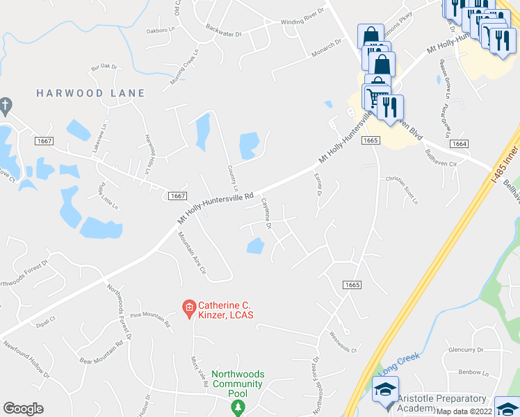 map of restaurants, bars, coffee shops, grocery stores, and more near 2322 Cilantro Way in Charlotte