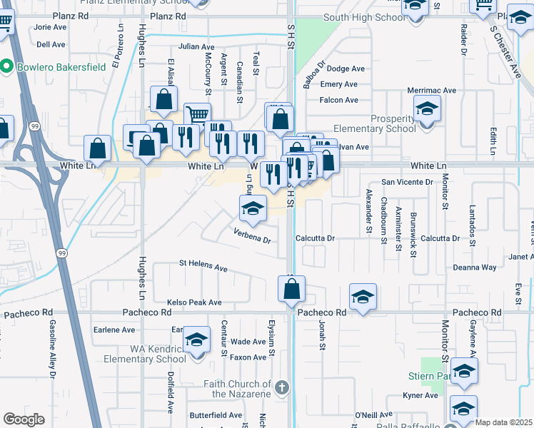 map of restaurants, bars, coffee shops, grocery stores, and more near 1803 Calla Lily Drive in Bakersfield