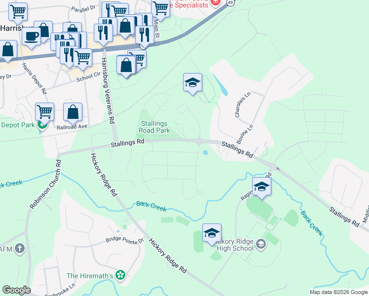 map of restaurants, bars, coffee shops, grocery stores, and more near 3925 Stallings Road in Harrisburg