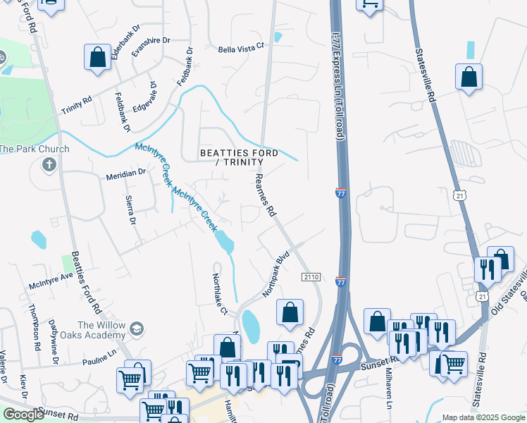 map of restaurants, bars, coffee shops, grocery stores, and more near 7021 Reames Road in Charlotte