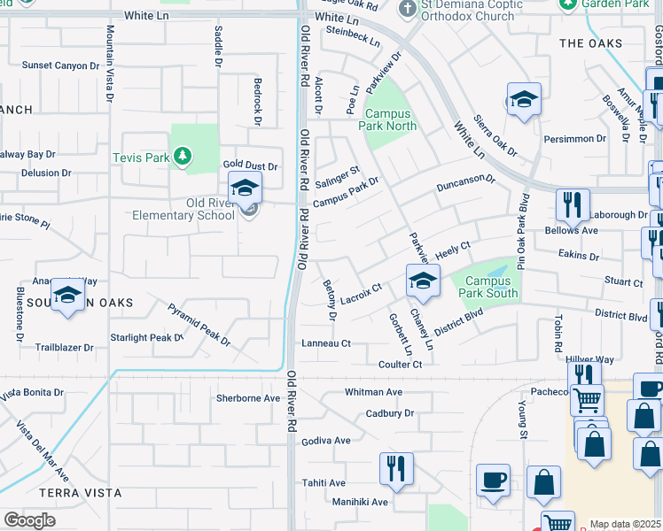 map of restaurants, bars, coffee shops, grocery stores, and more near 9511 Goshen Court in Bakersfield