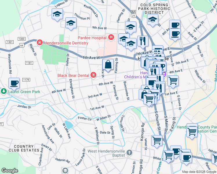 map of restaurants, bars, coffee shops, grocery stores, and more near 601 4th Avenue West in Hendersonville