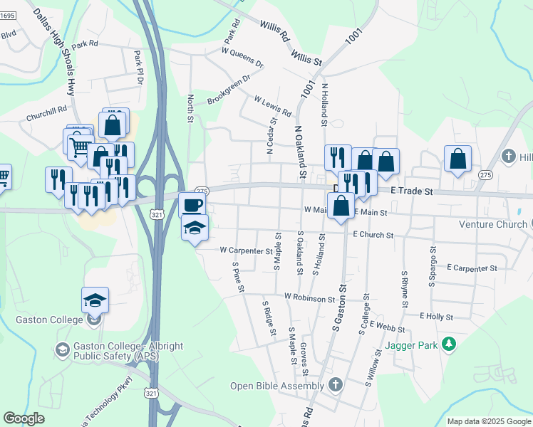 map of restaurants, bars, coffee shops, grocery stores, and more near 407 West Main Street in Wilkesboro