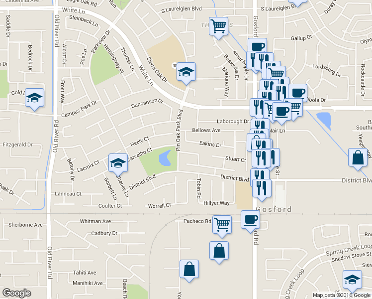 map of restaurants, bars, coffee shops, grocery stores, and more near 4213 Homer Lane in Bakersfield