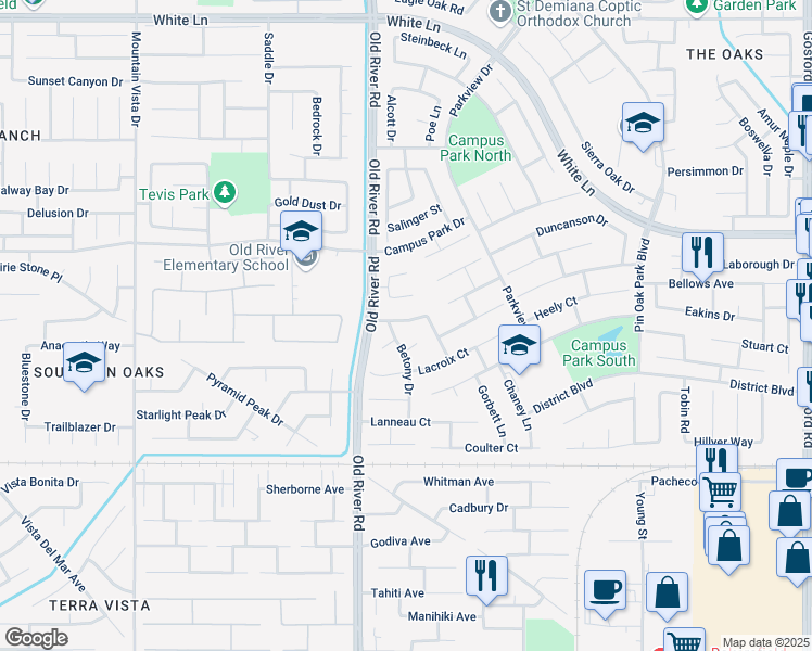 map of restaurants, bars, coffee shops, grocery stores, and more near 9511 Goshen Court in Bakersfield
