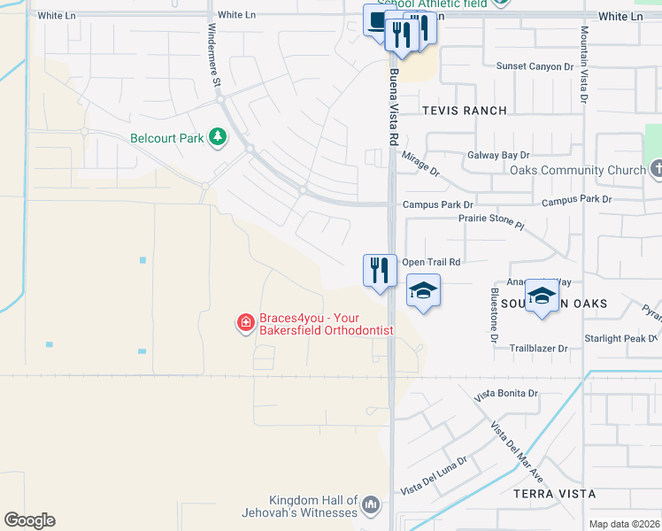 map of restaurants, bars, coffee shops, grocery stores, and more near 11610 Cloverfield Circle in Bakersfield