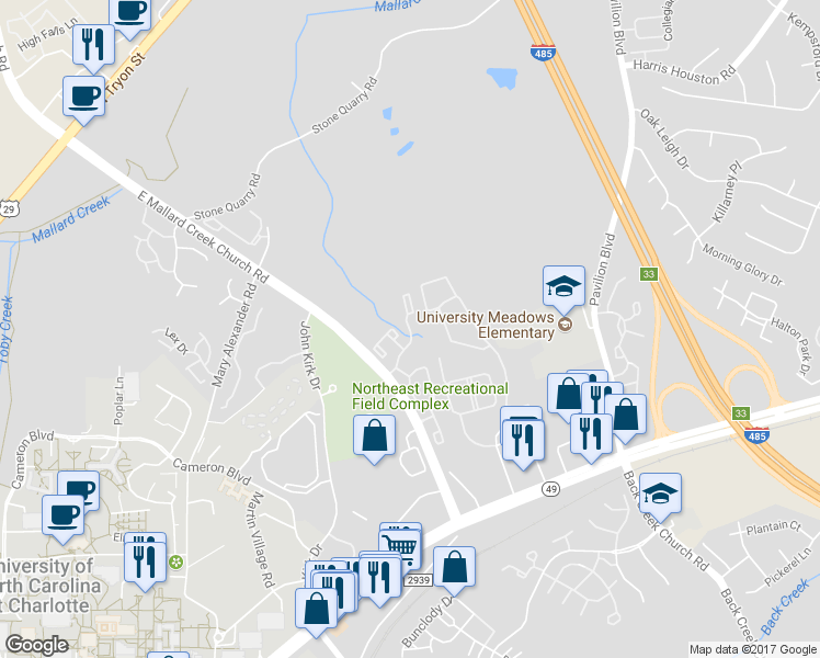 map of restaurants, bars, coffee shops, grocery stores, and more near 10002 University Village Boulevard in Charlotte