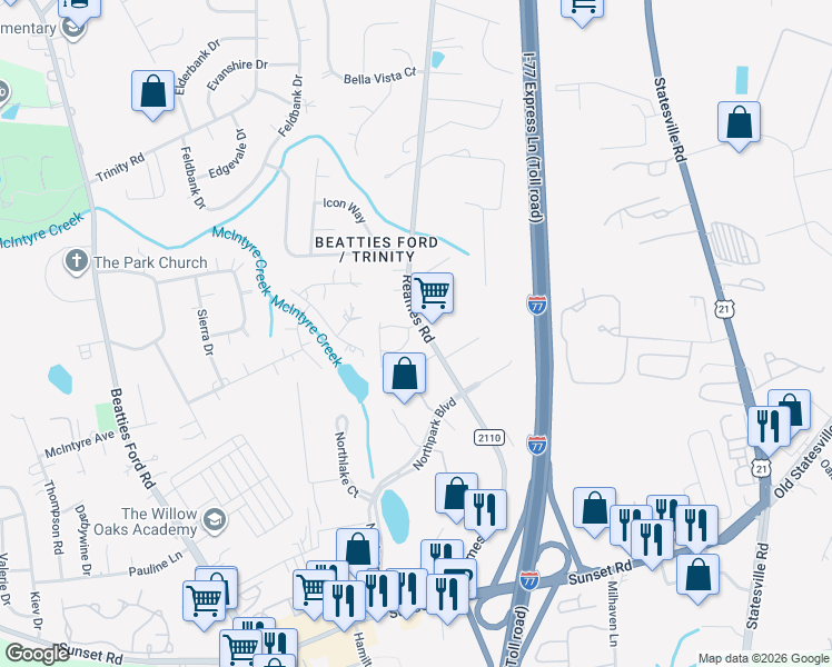 map of restaurants, bars, coffee shops, grocery stores, and more near 7021 Reames Road in Charlotte