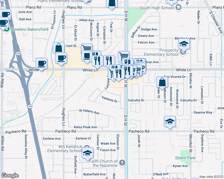 map of restaurants, bars, coffee shops, grocery stores, and more near 1801 White Lane in Bakersfield