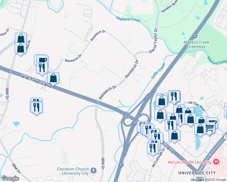 map of restaurants, bars, coffee shops, grocery stores, and more near 8710 Research Drive in Charlotte