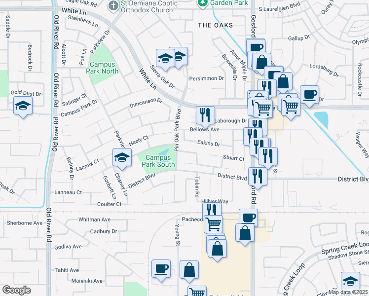 map of restaurants, bars, coffee shops, grocery stores, and more near 8604 Hassam Drive in Bakersfield