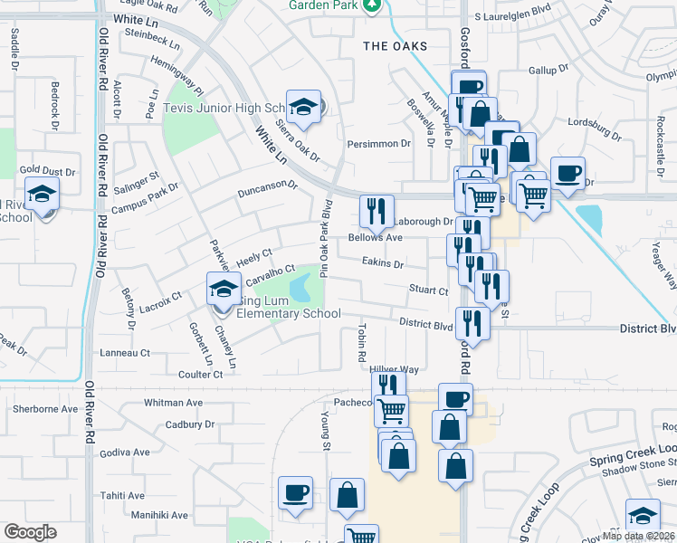 map of restaurants, bars, coffee shops, grocery stores, and more near 4213 Homer Lane in Bakersfield