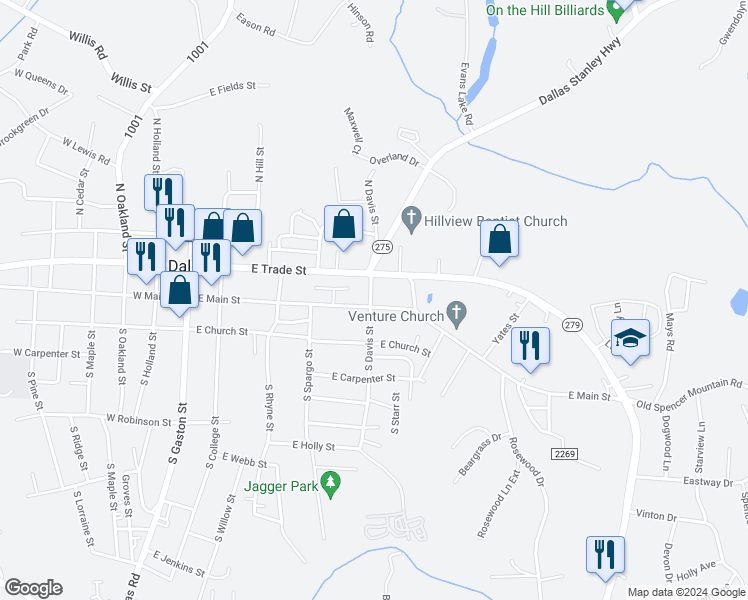 map of restaurants, bars, coffee shops, grocery stores, and more near 106 North Davis Street in Dallas