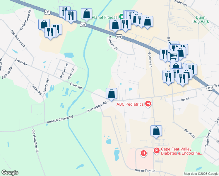 map of restaurants, bars, coffee shops, grocery stores, and more near 119 Colonel Johnson Drive in Dunn