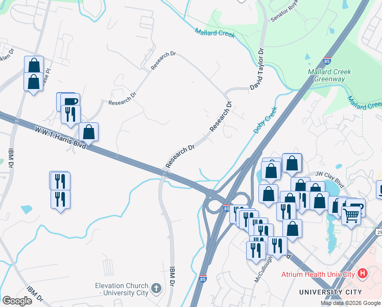 map of restaurants, bars, coffee shops, grocery stores, and more near 8710 Research Drive in Charlotte