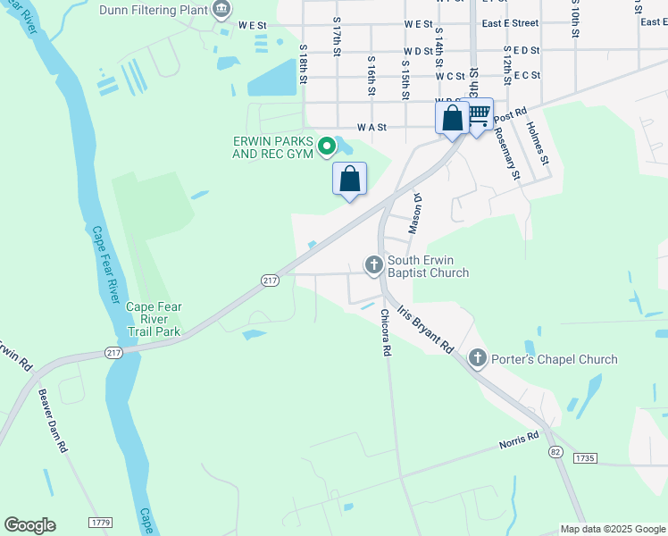 map of restaurants, bars, coffee shops, grocery stores, and more near 103 Old Cut Off Road in Erwin