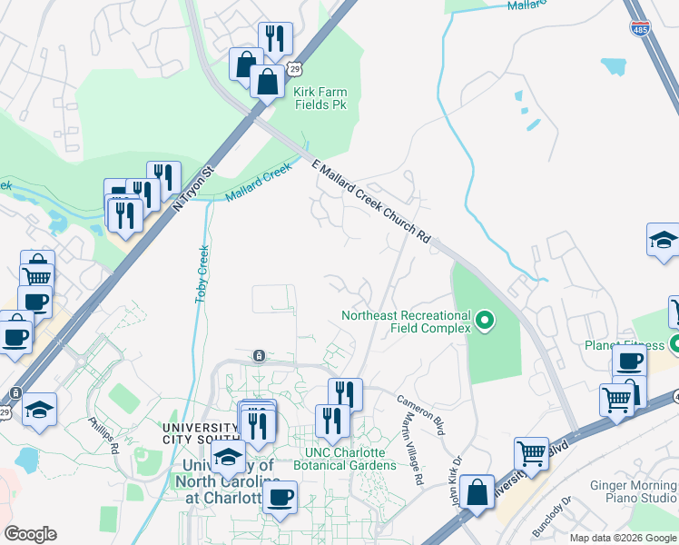 map of restaurants, bars, coffee shops, grocery stores, and more near 525 Lex Drive in Charlotte