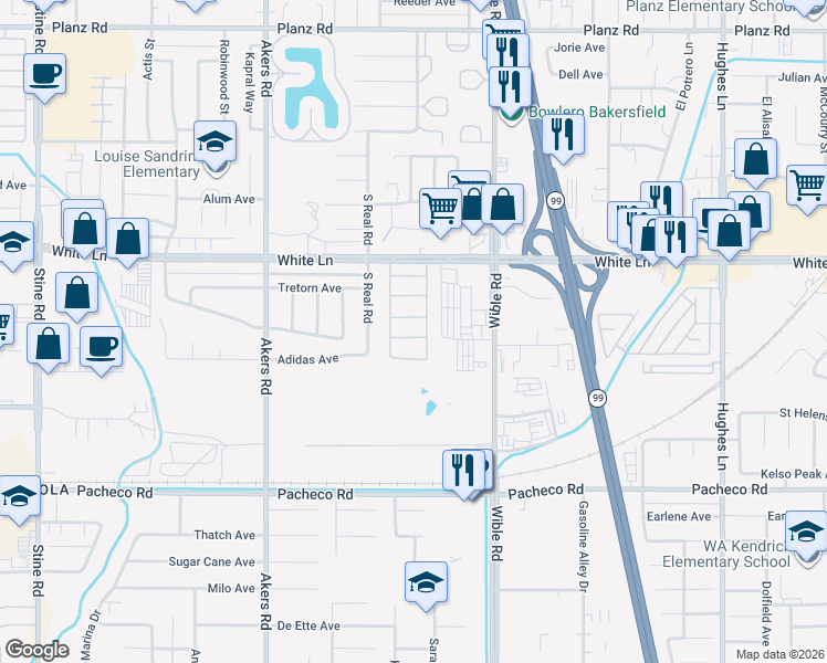 map of restaurants, bars, coffee shops, grocery stores, and more near 4216 Paramount Street in Bakersfield