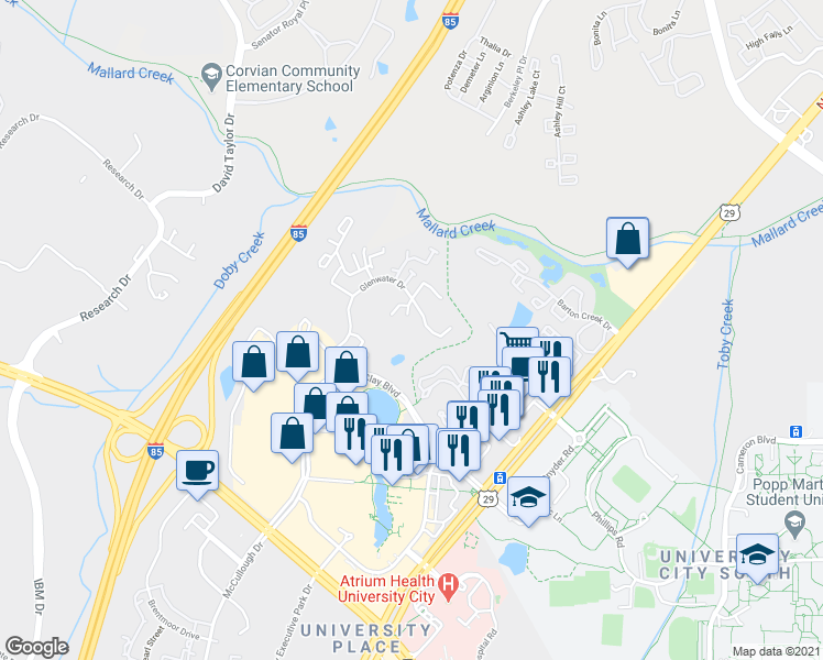 map of restaurants, bars, coffee shops, grocery stores, and more near 9423 Glenwater Drive in Charlotte