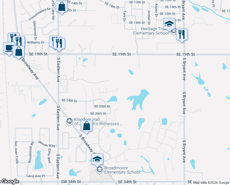 map of restaurants, bars, coffee shops, grocery stores, and more near 2300 Karsten Creek Drive in Moore