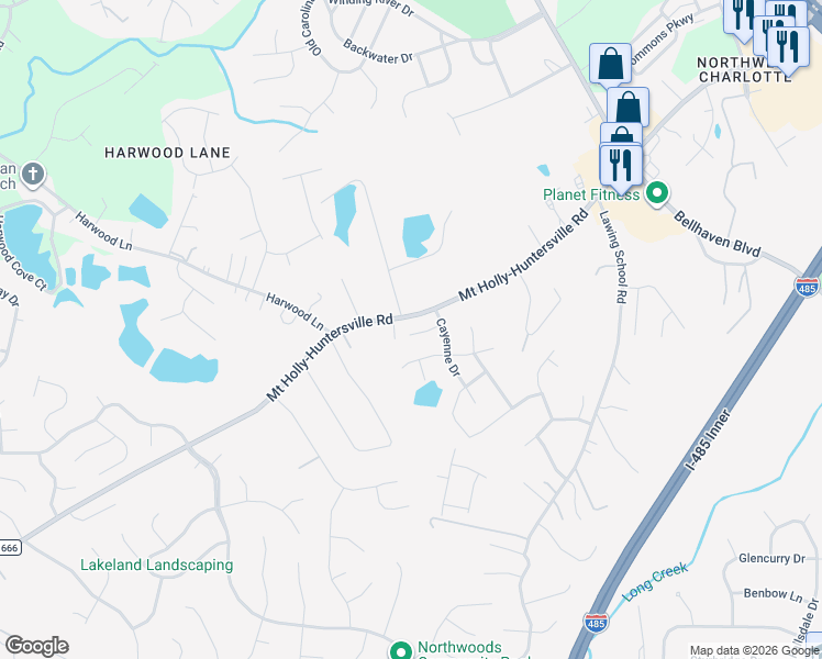 map of restaurants, bars, coffee shops, grocery stores, and more near 2303 Cilantro Way in Charlotte