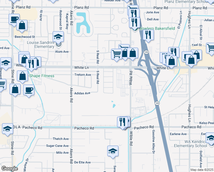 map of restaurants, bars, coffee shops, grocery stores, and more near 3608 Sahara Lane in Bakersfield