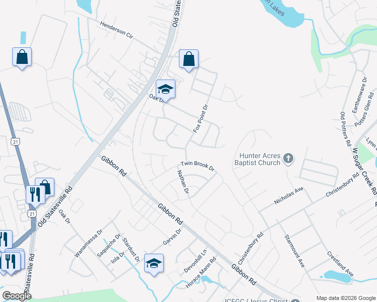 map of restaurants, bars, coffee shops, grocery stores, and more near 7022 Fox Point Drive in Charlotte