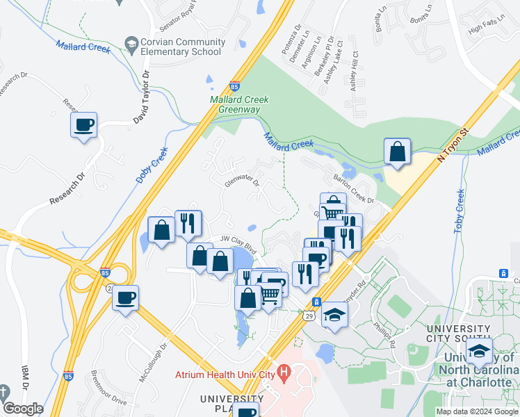 map of restaurants, bars, coffee shops, grocery stores, and more near 9211 Ravenwing Drive in Charlotte