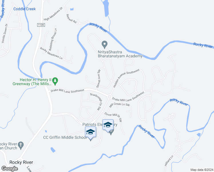 map of restaurants, bars, coffee shops, grocery stores, and more near 2103 Grist Mill Drive Southwest in Concord