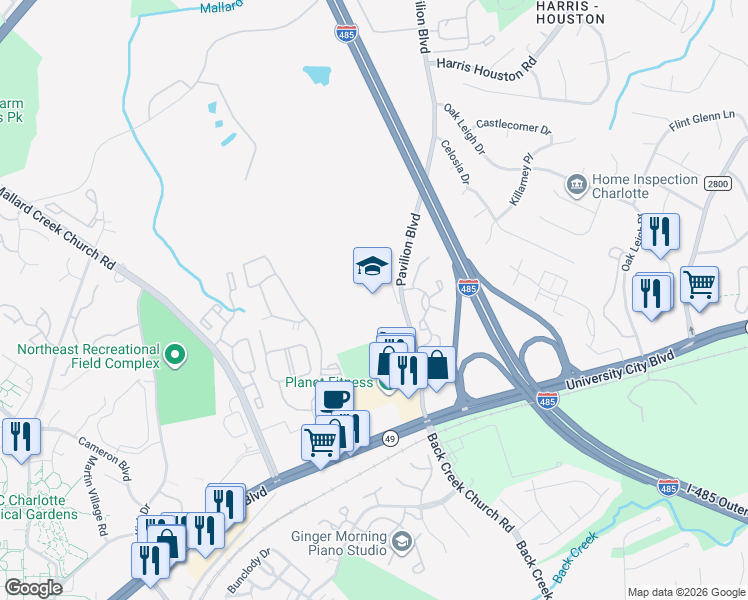 map of restaurants, bars, coffee shops, grocery stores, and more near 1600 Pavilion Boulevard in Charlotte