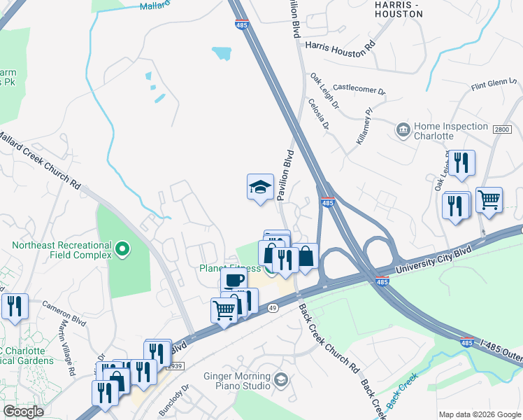 map of restaurants, bars, coffee shops, grocery stores, and more near 1600 Pavilion Boulevard in Charlotte