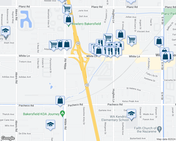 map of restaurants, bars, coffee shops, grocery stores, and more near 4401 Hughes Lane in Bakersfield