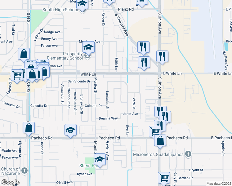 map of restaurants, bars, coffee shops, grocery stores, and more near 4213 Kenny Street in Bakersfield