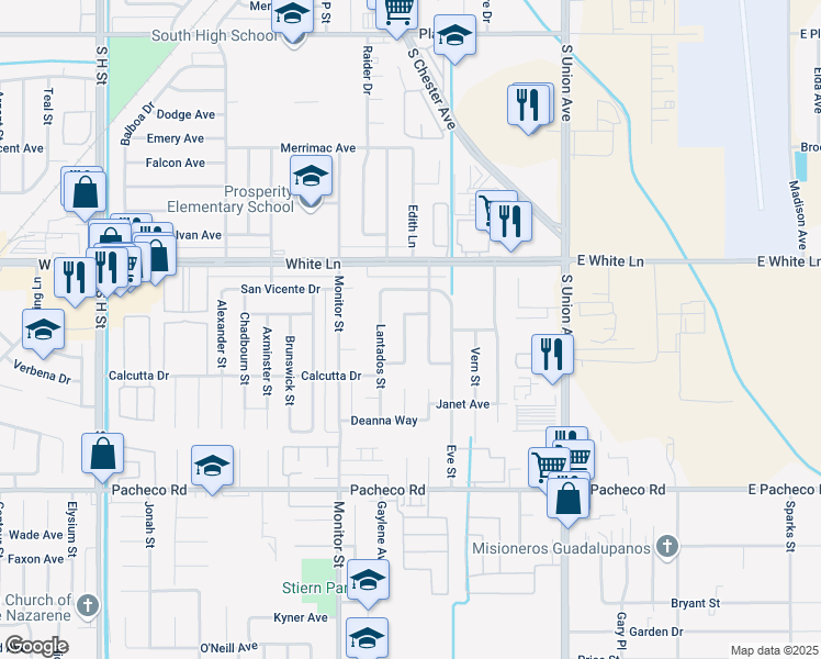 map of restaurants, bars, coffee shops, grocery stores, and more near 4213 Kenny Street in Bakersfield