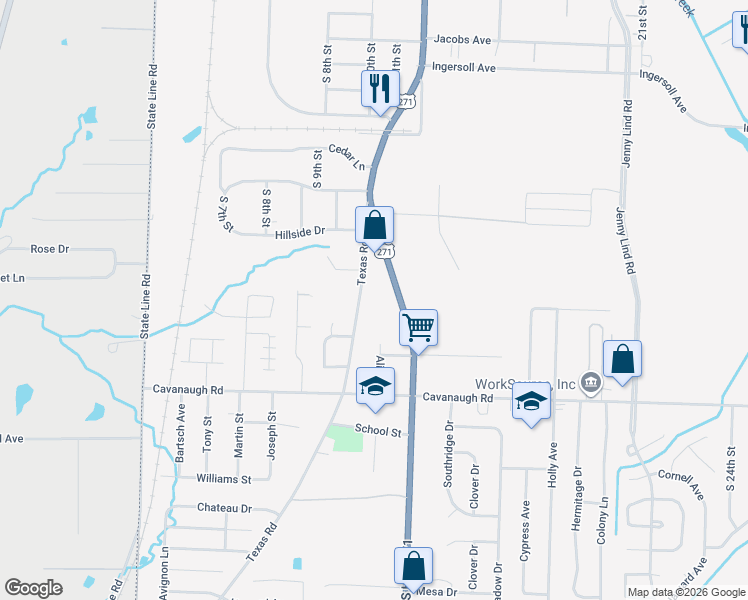 map of restaurants, bars, coffee shops, grocery stores, and more near 7104 Texas Road in Fort Smith