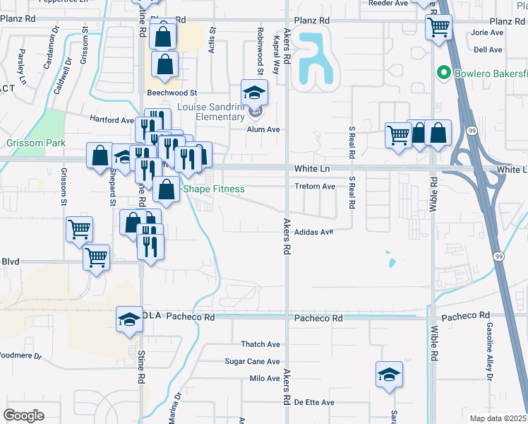 map of restaurants, bars, coffee shops, grocery stores, and more near 4200 Newcombe Avenue in Bakersfield